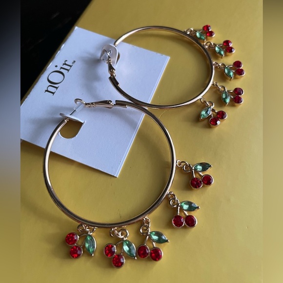 Cherry  Earrings, nOir Gold Hoop Earrings with Red and Green Cherry Charms - Picture 5 of 7